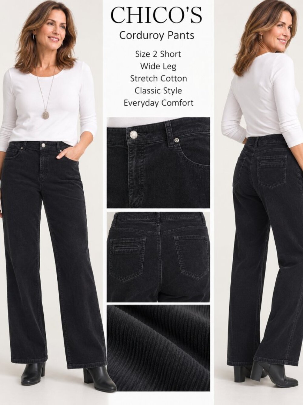 Chico's Size 2 Short Black Corduroy Pants Wide Leg Stretch Cotton 25.5 Inseam